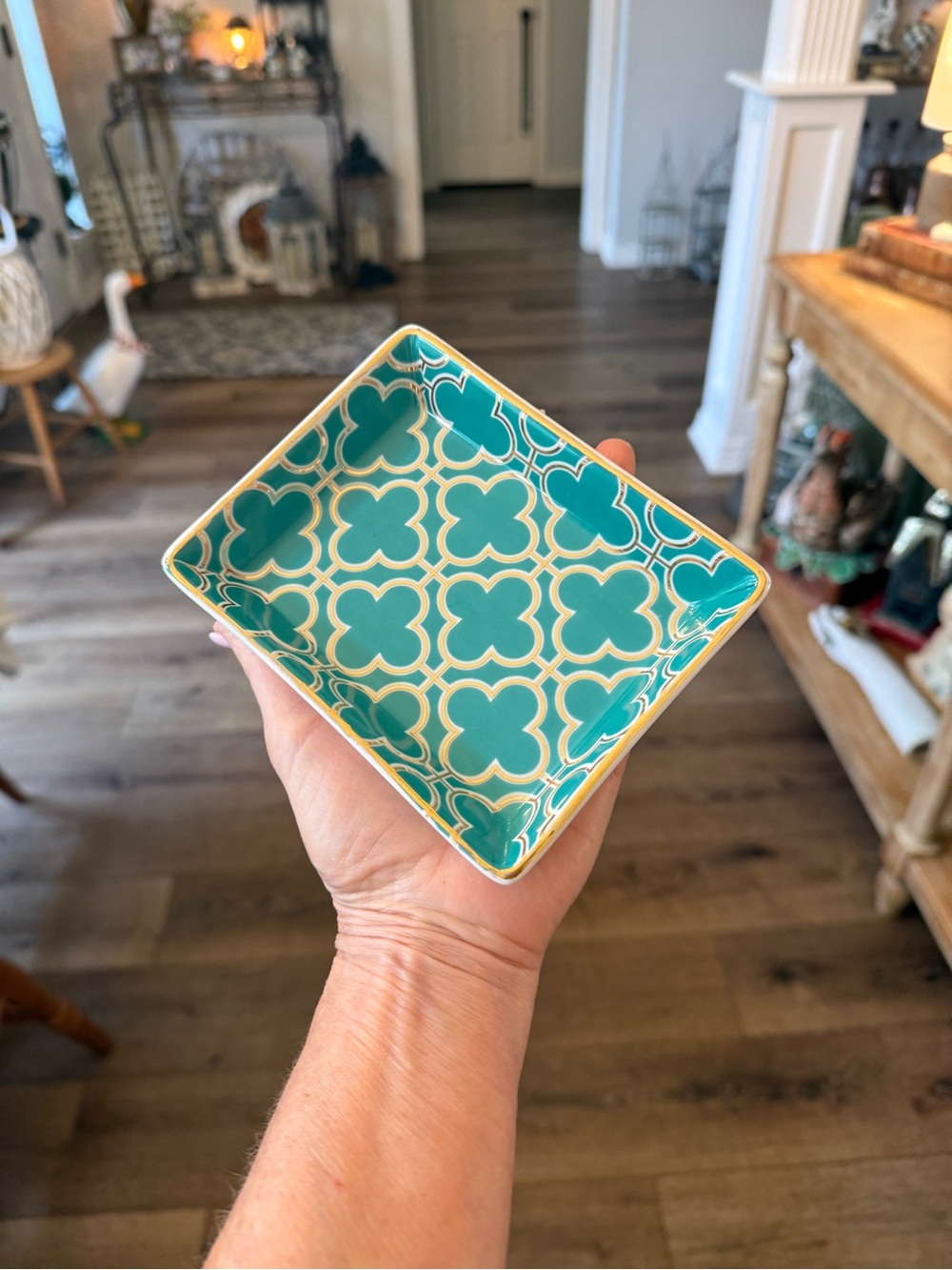 I. Godinger & Co. Turquoise Quatrefoil Porcelain Trinket Dish w/ Gold Trim - Picture 3 of 9